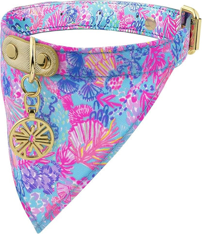 Lilly Pulitzer Adjustable Dog Bandana Collar, Cute Heavy Duty Leatherette Collar with Snap Closure and Ring for Leash/Tag, Splendor in The Sand (S/M)