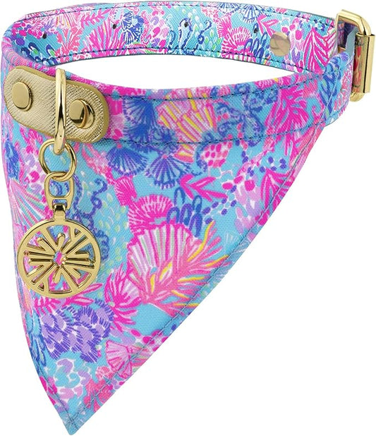 Lilly Pulitzer Adjustable Dog Bandana Collar, Cute Heavy Duty Leatherette Collar with Snap Closure and Ring for Leash/Tag, Splendor in The Sand (S/M)