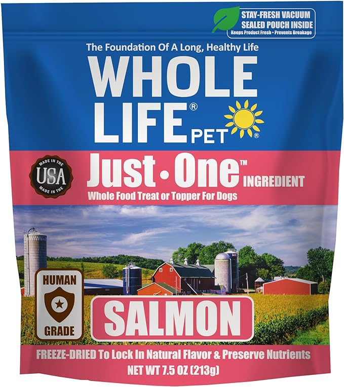 Whole Life Pet Just One Salmon - Dog Treat Or Topper - Human Grade, Freeze Dried, One Ingredient - Protein Rich, Grain Free, Made in The USA