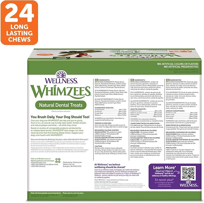 WHIMZEES by Wellness Long lasting Dog Chews Value Box: All Natural Grain Free Treats to Help Clean Teeth & Reduce Plaque & Tartar - for Dogs 40-60 Lbs - 24 Count