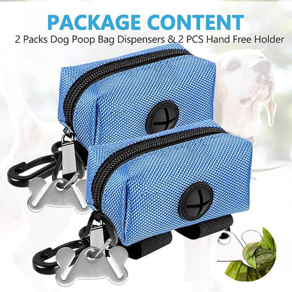 2Packs Dog Poop Bag Holder for Leash Attachment Dog Poop Bag Dispenser Dog Waste Bag Dispensers for Leash Accessory Dog Poop Bag Holders Fits Dog Leash Include Hand Free Holder Metal Carriers, Blue