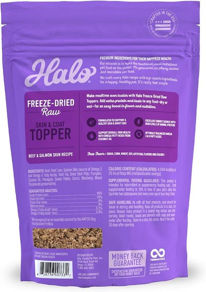 Halo Freeze Dried Raw Skin & Coat Topper, Beef and Salmon Skin Recipe, Raw, Real Meat Topper, All Life Stages, 3.5-OZ Bag