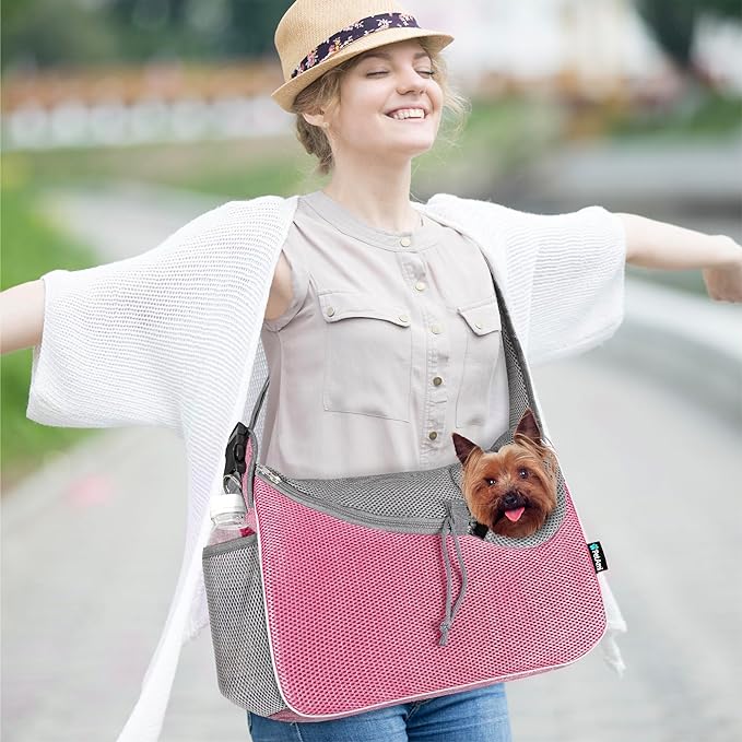 PetAmi Small Dog Sling Carrier, Soft-Sided Crossbody Puppy Carrying Purse Bag, Adjustable Sling Pet Pouch to Wear Medium Dog Cat Travel, Dog Bag for Traveling, Breathable, Poop Bag Dispenser, Pink