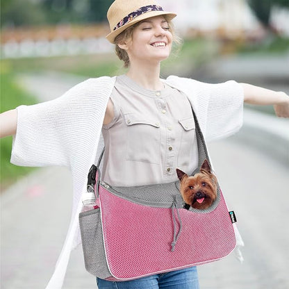 PetAmi Small Dog Sling Carrier, Soft-Sided Crossbody Puppy Carrying Purse Bag, Adjustable Sling Pet Pouch to Wear Medium Dog Cat Travel, Dog Bag for Traveling, Breathable, Poop Bag Dispenser, Pink