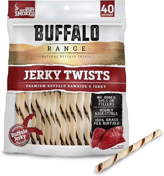 Rawhide Dog Treats | Healthy, Grass-Fed Buffalo Jerky Raw Hide Chews | Hickory Smoked Flavor | Jerky Twist, 40 Count(Pack of 1)