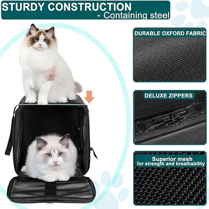 Cat Dog Pet Carrier for Medium to Large Cats (20+ lbs) and Small Dogs -Top Loading, Portable & Collapsible Cat Travel Bag Dual Kitten Sturdy Crate for Long Journeys