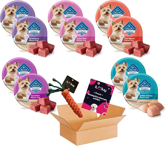 blue delights wet dog food small breed bundle, (Pack of 10) , 05 Flavors( 02 cans each),Porterhouse, Angus, Filet Mignon, Top Sirloin and Grilled Chicken.Plus a roll dog Bag and Pet Nutrition Booklet.