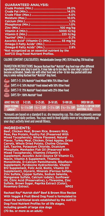 Rachael Ray Nutrish Dish Premium Natural Dry Dog Food with Added Vitamins, Minerals & Taurine, Beef & Brown Rice Recipe with Veggies, Fruit & Chicken, 3.75 Pounds