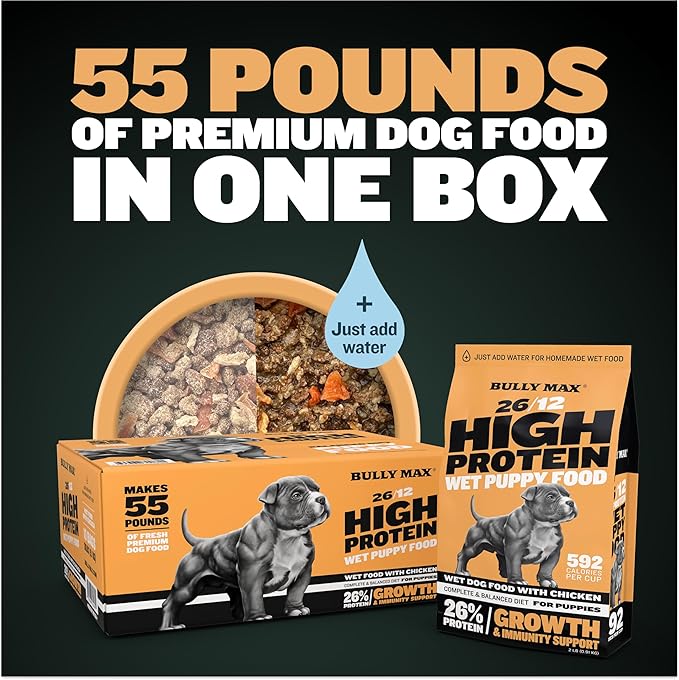 Bully Max Wet Puppy Food - Dehydrated High Protein Dog Food with Chicken - Growth & Immune Support for Small & Large Breed Puppies - 20 Dry Dog Food Pounds (Makes 55 lbs. of Wet Dog Food, 10 Pouches)