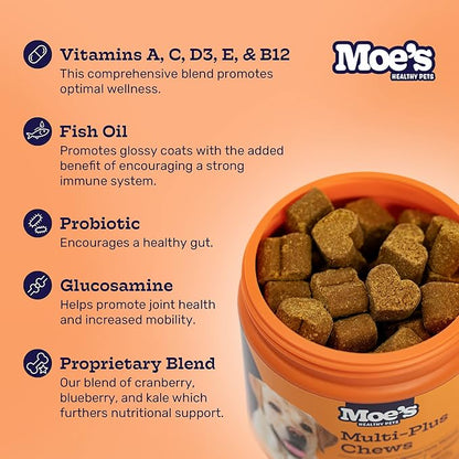 Moe’s 5-in-1 Essential Dog Multivitamin -Supports Dog's Heart, Immunity, Skin, Coat, & Overall Health- Vitamins A, B12, C, D, E, Antioxidants, Omega 3- for All Ages & Breeds- 90 Chicken Flavored Chews