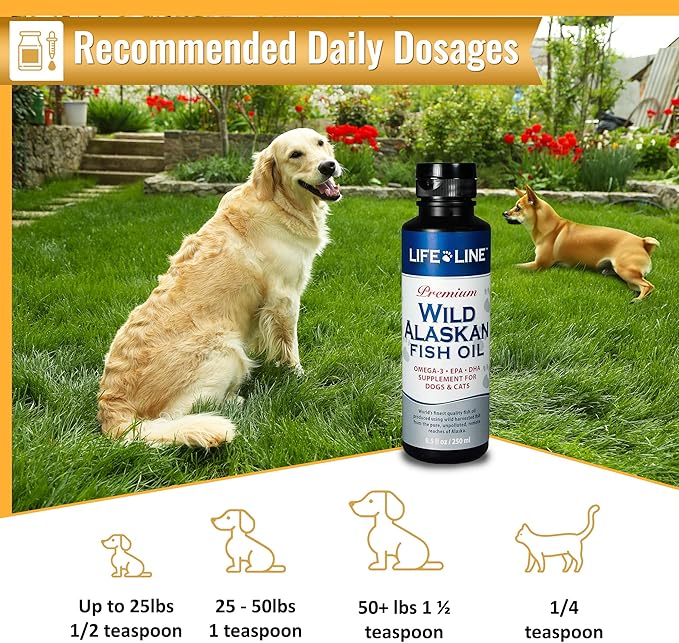Life Line Pet Nutrition Wild Alaskan Fish Oil Omega-3 Supplement for Skin & Coat – Supports Brain, Eye & Heart Health in Dogs & Cats, 8.5oz