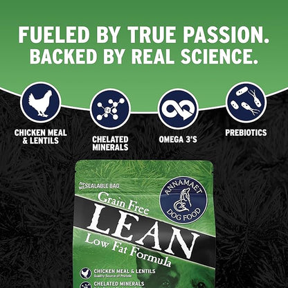 Annamaet Grain-Free Lean Reduced Fat Formula Dry Dog Food, (Chicken & Duck), 5-lb Bag