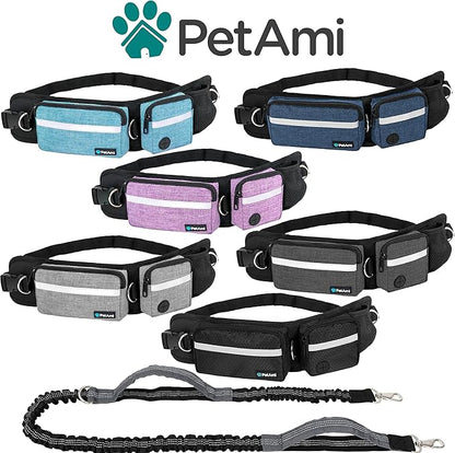 PetAmi Hands Free Dog Leash, Dog Running Leash Belt Bag for Walking, Jogging, Dog Waist Double Zipper Pouch with Poop Bag Dispenser, Dual Padded Handles Reflective Bungee Leash, Single