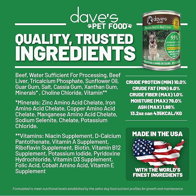 Dave's Pet Food Grain Free Wet Dog Food (95% Beef & Beef Liver), Made in USA Single-Source Protein, Limited Ingredients Added Vitamins & Minerals, 12.5 oz Cans (Case of 12)