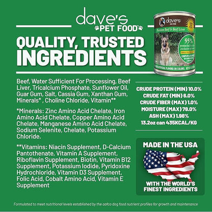 Dave's Pet Food Grain Free Wet Dog Food (95% Beef & Beef Liver), Made in USA Single-Source Protein, Limited Ingredients Added Vitamins & Minerals, 12.5 oz Cans (Case of 12)