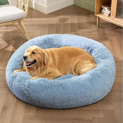 Bedsure Calming Dog Bed for Extra Large Dogs - Donut Washable Large Pet Bed, Anti-Slip Round Fluffy Plush Faux Fur Dog Bed, Fits up to 125 lbs Pets, Blue, 45 inches