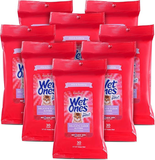 Wet Ones for Pets Delicate Clean Kitten Wipes for Cats with Oatmeal, 30 ct - 8 Pack|Cat Cleaning Wipes, Mild & Soothing Cat Grooming Wipes with Wet Lock Seal for Pet Grooming in Fresh Scent
