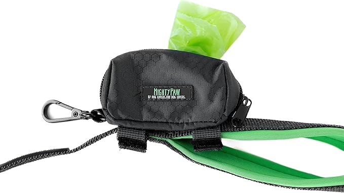 Mighty Paw Dog Poop Bag Holder - Zippered Pouch with Carabiner Hook - Includes Roll of Pick-up Bags - Pet Bag Holder - Poop Bag Dispenser - Dog Bags Traveling - Dog Waste Bag Holder - (Grey/Green)