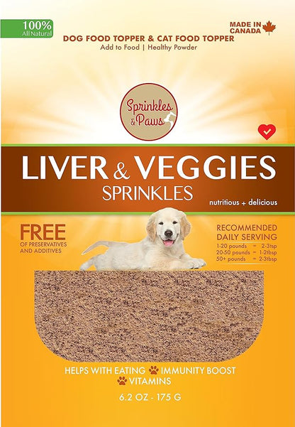 Sprinkles & Paws Liver and Veggies Dog Food Topper | Healthy Powder Form | Helps with Eating, Add to Food or Kibble or as Treat | Meal Mixer with Beef Flavour, Rich in Vitamins and nutrients