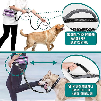 PetAmi Hands Free Dog Leash, Dog Running Leash Belt for Walking Jogging, Dog Waist Zipper Pouch Fanny Pack with Poop Bag Dispenser, Dual Padded Handle Bungee Leash for Small Medium Large Dogs, Double