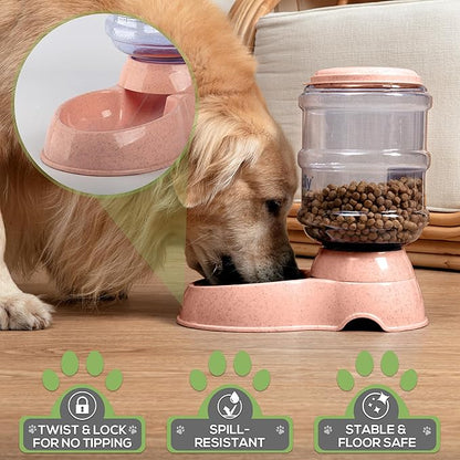2 Pack Self Feeding Dog Food and Water Dispenser - 3.75L Automatic Pet Feeder for Small & Medium Dogs, Spill Proof Gravity Cat Feeder and Water Dispenser (Pink)