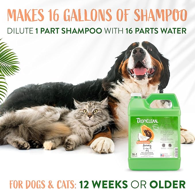 TropiClean 2-in-1 Papaya & Coconut Dog Shampoo and Conditioner | Natural Pet Shampoo Derived from Natural Ingredients | Cat Friendly | Made in the USA | 1 gallon