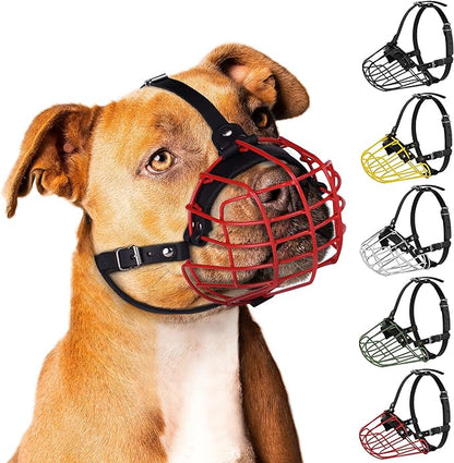 Pitbull Dog Muzzle Metal Mask Amstaff Secure Wire Basket Adjustable Durable Leather Straps for Large Dogs (Red)