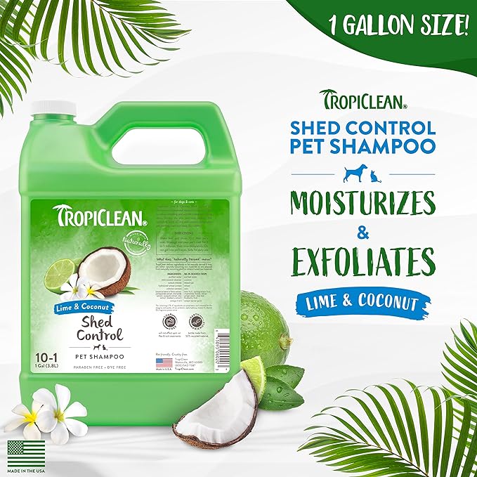 TropiClean Lime & Coconut Deshedding Dog Shampoo for Shedding Control | Natural Pet Shampoo Derived from Natural Ingredients | Cat Friendly | Made in The USA | 1 gal.