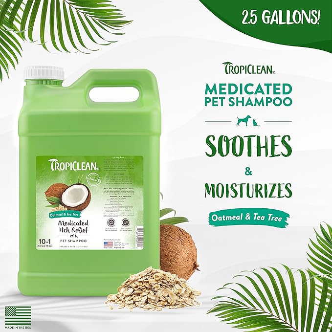 TropiClean Medicated Dog Shampoo for Allergies and Itching | Tea Tree & Oatmeal Dog Shampoo for Sensitive Skin | Natural Pet Shampoo Derived from Natural Ingredients | Made in the USA | 2.5 gallon