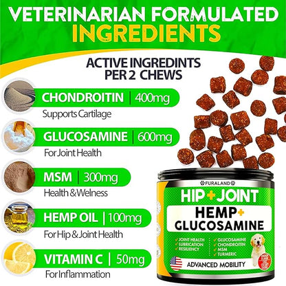 Hemp Hip and Joint Supplement for Dogs - Glucosamine for Dogs - 170 Dog Joint Pain Relief Treats - Chondroitin, Hemp Oil, MSM - Mobility & Flexibility Support - Advanced Joint Health - Made in USA