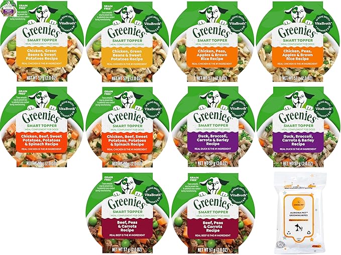 Variety (10) Greenies Smart Wet Dog Food Topper (2-oz Each) with AuroraPet Wipes