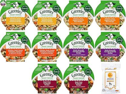 Variety (10) Greenies Smart Wet Dog Food Topper (2-oz Each) with AuroraPet Wipes