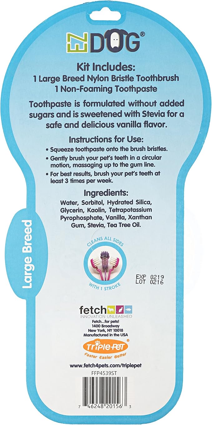 Dental Care Kit Contains 3-Sided Toothbrush & All-Natural Vanilla Toothpaste | Helps Prevent Plaque & Tartar Buildup | Dogs Love the Taste, Large Breed
