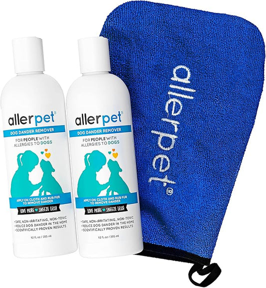 Allerpet Dog Dander Remover w/Free Applicator Mitt - Best Pet Dander Remover for Allergens - for Canine Dry Skin Treatment - Good for Fur & Skin - 2 Pack (12oz)