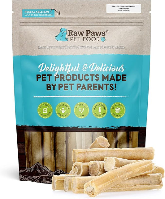 Raw Paws 5-inch Compressed Rawhide Rolls for Dogs, 20-ct - Packed in The USA - Pressed Rawhides for Dogs - Free-Range Raw Dog Hide Chews - Natural Rawhide Dog Chew Sticks for Puppies & Small Dogs