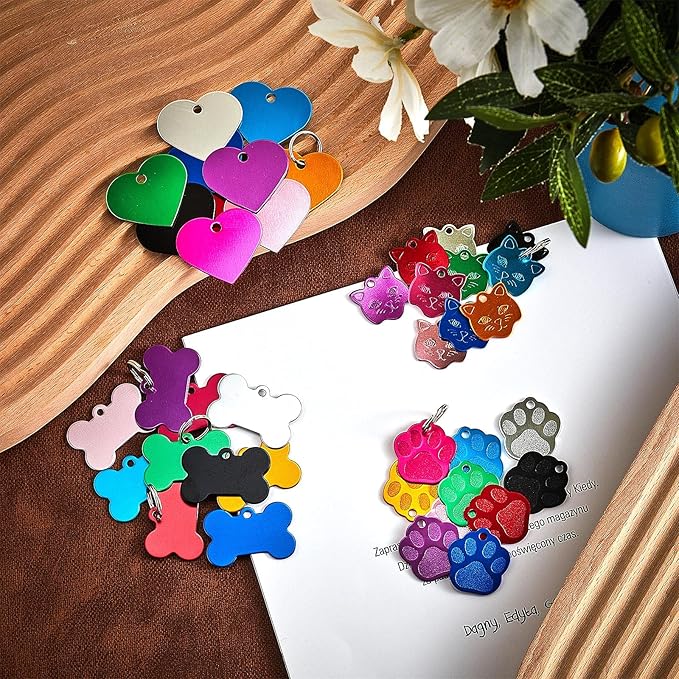 40 Pieces Pet ID Tag Colorful Blank Dog Tags Personalized Dog Tags Aluminum Pet Name with Bone Paw Heart Cat Head Shape Pet Name Phone Number ID Craft Tags with Holes for Dogs Cats Pets