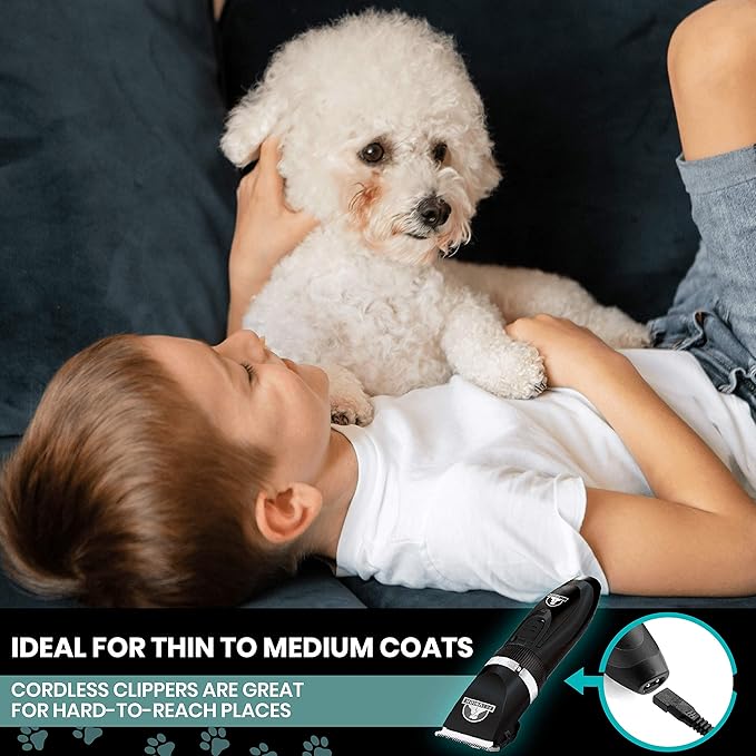 Professional Dog Grooming Kit - Cordless Low Noise Dog Clippers for Grooming Thick Coats - All Pet Safe Cat Hair Trimmer - Pet Grooming Kit Includes Dog Hair Clippers, Nail Trimmer & Shears