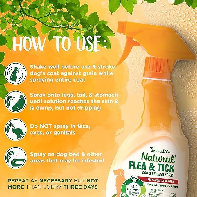TropiClean Natural Flea and Tick Spray for Dogs & Bedding | Maximum Strength Flea Spray for Home | Family Friendly & Safe | Made in the USA | 16 oz.