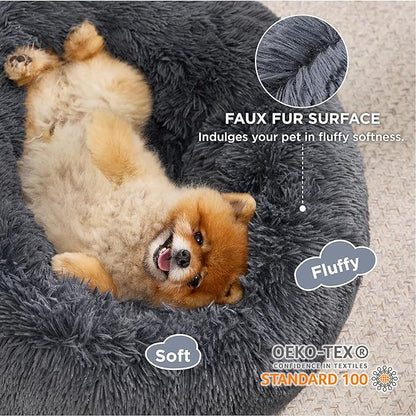 Bedsure Calming Dog Bed for Small Dogs - Donut Washable Small Pet Bed, 23 inches Anti-Slip Round Fluffy Plush Faux Fur Large Cat Bed, Fits up to 25 lbs Pets, Dark Grey