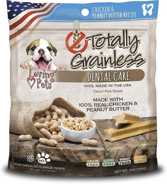 Loving Pets Totally Grainless - Chicken and Peanut Butter Dental Sticks for Dogs (for Medium/Large Dogs 20+ lbs), 6oz