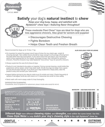 Nylabone FlexiChew Moderate Dog Toys Triple Pack Bacon, Peanut Butter & Beef X-Small/Petite (1 Count)