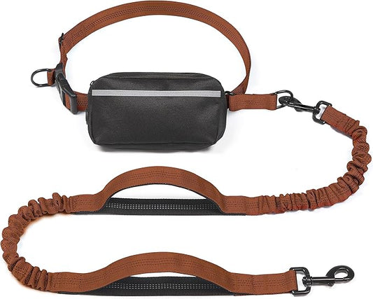 iYoShop Hands Free Dog Leash with Zipper Pouch, Dual Padded Handles and Durable Bungee for Walking, Jogging and Running Your Dog (Large, 25-120 lbs, Brown)