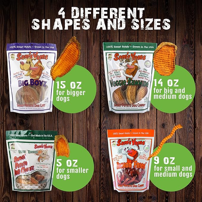 Sam's Yams Sweet Potato Dog Treats, Healthy Dog Treats for Small, Medium, and Large Breed Dogs - Made in USA, High Fiber, Vegan Dental Chews - Veggie Rawhide, Sweet Potato Dog Chewz, 14oz(Pack of 3)
