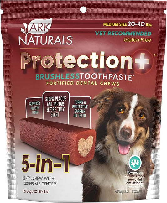 ARK NATURALS Protection+ Brushless Toothpaste – Medium Breeds, 18oz Bag – Dog Dental Chew with Toothpaste Center – Prevent Plaque & Tartar and Freshen Breath with Dental Chews for Dogs