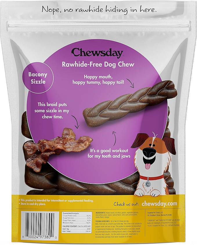 6-Inch Dog Chew Braids, Made in The USA, All Natural Rawhide-Free Highly-Digestible Treats, Bacony Sizzle - 7 Count
