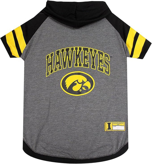 NCAA IOWA HAWKEYES HOODIE for DOGS & CATS, LARGE COLLEGIATE Licensed DOG HOODY Tee Shirt. Sports HOODY T-Shirt for Pets. COLLEGE Sporty Dog Hoodie Shirt.