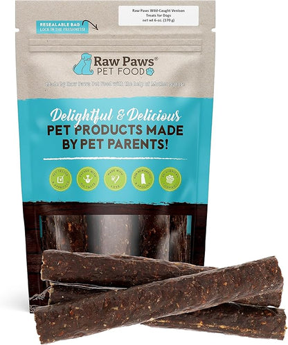 Raw Paws Wild-Caught Venison Treats for Dogs, 6-oz - Packed in USA - Real Meat Venison Jerky Dog Treats Free-Range Venison Dog Jerky Treats - All-Natural, Grain, Corn & Soy Free Venison Dog Treats
