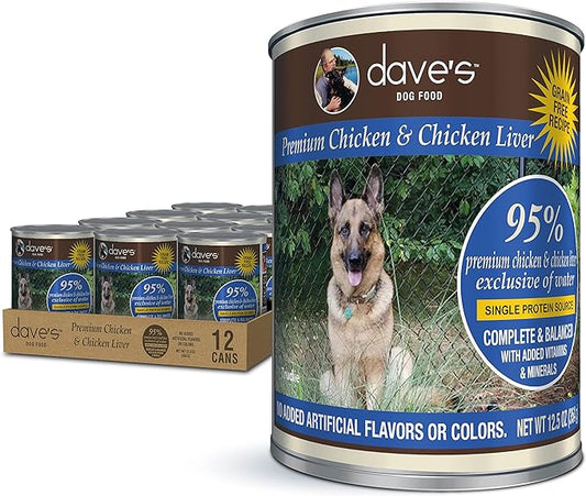 Dave's Pet Food Grain Free Wet Dog Food (95% Chicken & Chicken Liver), Made in USA Single-Source Protein, Limited Ingredients Added Vitamins & Minerals, 12.5 oz Cans (Case of 12)