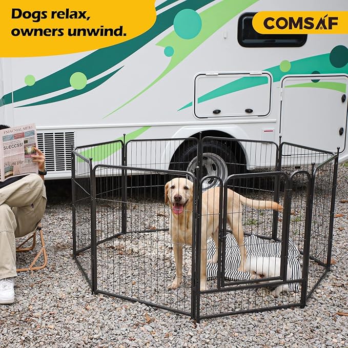 ComSaf Dog Playpen, 32" Height 8 Panels Metal Dog Fence with One Easy-Carry Straps, Playpen Pet Fence for Large/Medium/Small Dogs, Portable Dog Pen for Outdoor, Indoor, RV, Camping, Yard