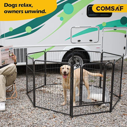 ComSaf Dog Playpen, 32" Height 8 Panels Metal Dog Fence with One Easy-Carry Straps, Playpen Pet Fence for Large/Medium/Small Dogs, Portable Dog Pen for Outdoor, Indoor, RV, Camping, Yard